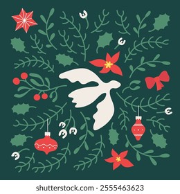 Winter peace Christmas composition with fir twigs, dove, toys, flowers. Cute retro vector background for card, banner, holiday invitation.