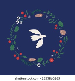 Winter peace Christmas wreath composition with fir twigs, dove, berries, flowers. Cute simple vector background for card, banner, holiday invitation.