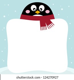 Winter penguin with blank banner on snowy background
