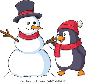 Winter penguin building snowman vector illustration