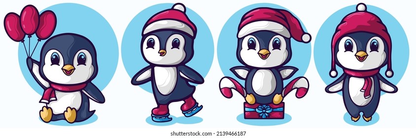 winter penguin cartoon character poses vector illustration