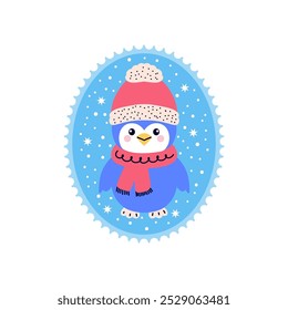 Pingüino de invierno en estilo doodle. Sello postal sobre fondo blanco.