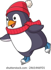 Winter penguin ice skating vector illustration