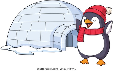 Winterpinguin in der Nähe von Iglu Vektorillustration