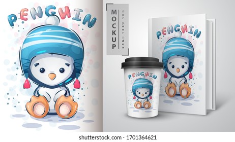 Winter penguin poster and merchandising. Vector eps 10