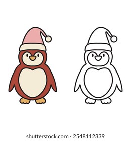 Winter Penguin vector illustration. Black and white outline. colored illustration. for coloring book or page for kids