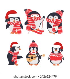 winter penguin wearing red hat and scarf set