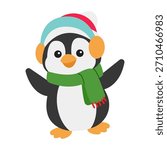 Winter Penguin Wearing Scarf. Vector Illustration