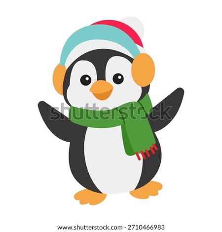 Winter Penguin Wearing Scarf. Vector Illustration