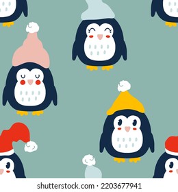 Winter penguins in hats seamless pattern. Perfect print for T-shirt, textile, fabric and paper. Hand drawn vector illustration for decor and design.
