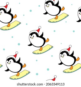 Winter penguins for winter holidays. Skiing, snowboarding seamless pattern. Vector illustration