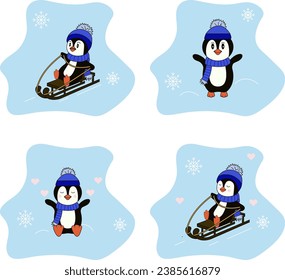 Winter penguins on sledges set