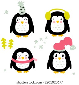 Winter penguins with snowflakes and christmas trees collection. Perfect for posters, greeting cards, T-shirt, stickers and print. Isolated vector illustration for decor and design.

