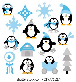 Winter penguins vector clip art in blue and black. Cute illustration.