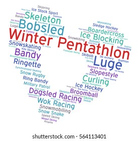 Winter pentathlon. Word cloud, heart inside heart, italic font, white background. Love of sport.