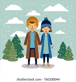 winter people background with couple in colorful landscape with pine trees and snow falling and both with coats and wool caps
