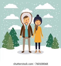 winter people background with couple in colorful landscape with pine trees and snow falling and him with hooded coat and her with sweater and wool cap