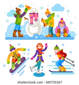 Winter people characters and landscapes: children make  snowman, snowboarder, girl skating, boy skiing. Vector flat illustration 