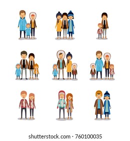winter people colorful background with set of family couples and friends in winter clothes over white backdrop
