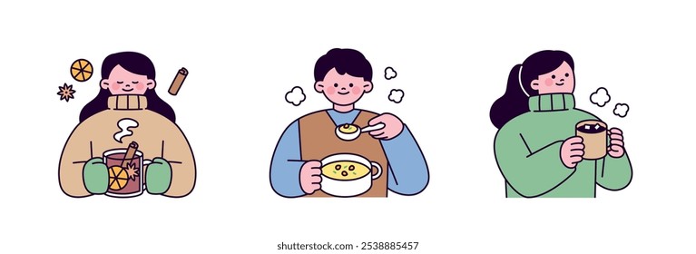 winter people. People eating warm food and drinking warm drinks in the cold winter.