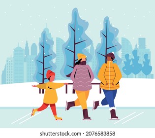 Winter people - Family skating in the park