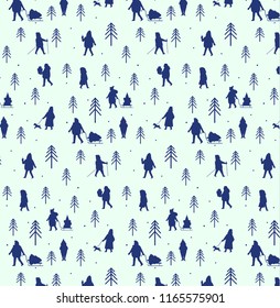 Winter people figures. Men and women carry Christmas and New Year gifts, enjoy park walking and seasonal outdoor activity. Vector pattern or background for winter holidays design.