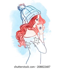 Winter people, happiness, drink a woman in hat with a cup of tea tea or coffee, illustration. 
