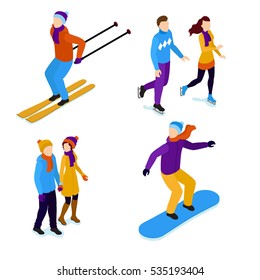 Winter people. Isometric winter activities isolated on white. Skiing, Skating, walking, snowboarding. Winter isometric people. Isometric people on white. Isometric activities, Winter, ski, skate