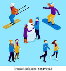 Winter people. Isometric winter activities isolated on blue. Skiing, Skating, walking, snowboarding. Winter isometric people. Isometric people on white. Isometric activities, Snowman. Winter people