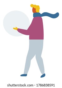 Winter People Outdoor Activity Flat Vector. Man with snowball