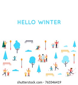 Winter people in the park. Season outdoors leisure activities. Playing in snow. Flat design vector illustration.