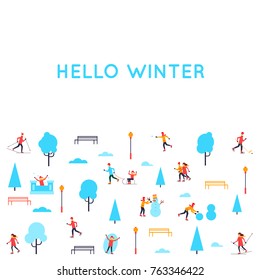 Winter people in the park. Season outdoors leisure activities. Playing in snow. Flat design vector illustration.
