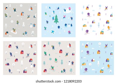 Winter people pattern set. Winter season background people characters. People have outdoor activities.Flat vector illustration.