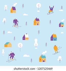 Winter people pattern. Skiing, sledding. Flat vector illustration.