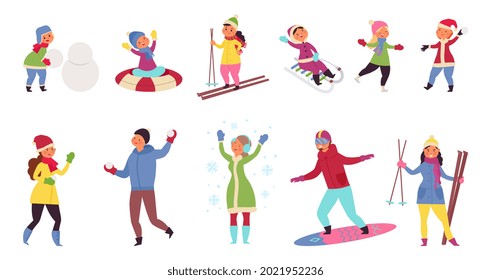 Winter people. Single child walking, enjoying christmas. Season children and adult snow playing. Fun holiday vacations decent vector characters