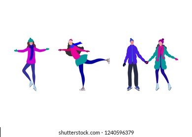 Winter people skating isolated on white background, flat design trendy retro style, young girl, man, merry couple having fun on ice rink, wearing warm clothes, holding hands, city design elements.