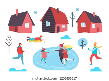 Winter people skating on frozen ice, houses set vector. Seasonal activities of family, kid riding sledges and man jogging. Snowflakes and snowy trees
