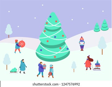 Winter people small figures around big spruce tree. Men and women carry Christmas and New Year gifts. Lifestyle winter scene for seasonal backgrounds and cards