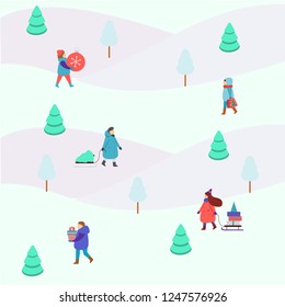 Winter people small figures. Men and women carry Christmas and New Year gifts, enjoy park walking. Trendy Pattern, background for winter holidays design