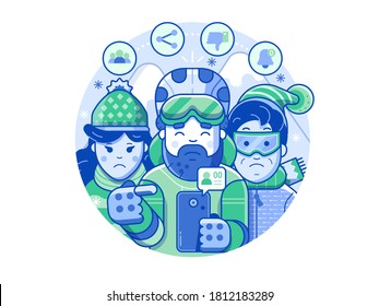 Winter people social communication and media illustration depicting sad skiers man and woman with no followers and zero friends on socials media. Winter active holidays network concept in line art.