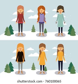 winter people with two scenes of women with sweaters and winter clothes in landscape with snow and pine trees in colorful silhouette