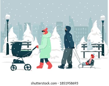 Winter, people walking in the Park, a family with children in the winter forest. A woman with a stroller and a man carries a child on a sled.  Vector illustration. 