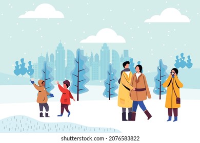 Winter people - walking in the park illustration