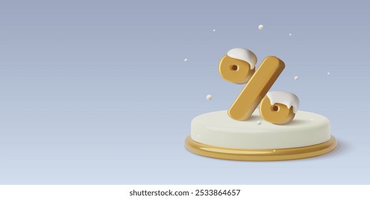 Winter percentage sign on a podium with snow. 3d realistic business, sale or finance concept background. Vector illustration.