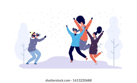 Winter photoshoot. Happy friends making photo in snowy park. Outdoor activities characters. Winter time vector illustration