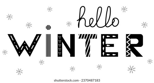 Winter phrase Hello winter. Hand lettering typography for icon, badge, banner, poster, card