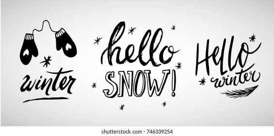 Winter phrases: set of vector illustrations with hand lettering. Hand written ink quotes isolated on white background - modern brush pen calligraphy.