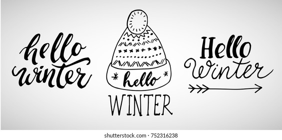 Winter phrases: set of vector illustrations with hand lettering. Hand written ink quotes isolated on white background - modern brush pen calligraphy