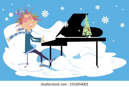 Winter piano concert illustration. Smiling pianist woman is playing music under the falling snow 
