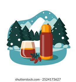 Winter Picnic Adventure: Cozy Outdoor Fun in Flat Design in a vector illustration